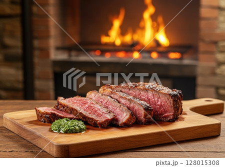 Asado grilled beef steak sliced on cutting board. Still life with chimichurri sauce and fireplace 128015308