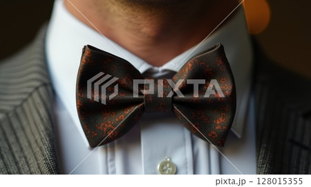 Stylish close-up of a man showcasing a unique patterned bowtie in elegant attire 128015355