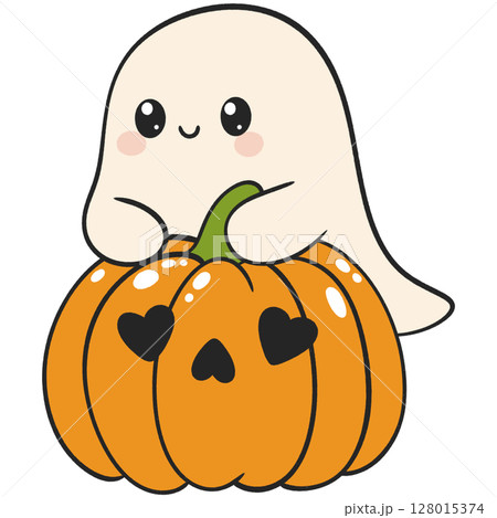halloween cute ghost hugging a pumpkin with heart eyes in flat color cartoon style, perfect for spooky fun kid-friendly themes halloween cute ghost hugging a pumpkin with heart eyes in flat color cartoon style, perfect for spooky fun kid-friendly themes 128015374