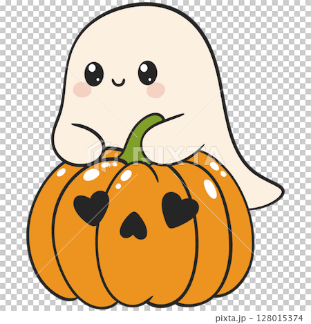 halloween cute ghost hugging a pumpkin with heart eyes in flat color cartoon style, perfect for spooky fun kid-friendly themes halloween cute ghost hugging a pumpkin with heart eyes in flat color cartoon style, perfect for spooky fun kid-friendly themes 128015374