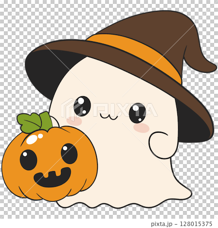 halloween ghost character with mini pumpkin in hand, kid-friendly flat color cartoon for spooky seasonal designs halloween ghost character with mini pumpkin in hand, kid-friendly flat color cartoon for spooky seasonal designs 128015375