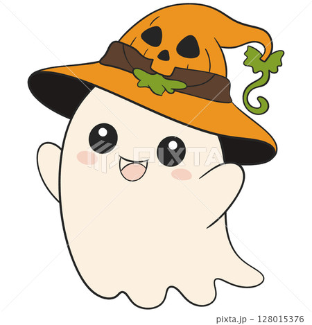 halloween ghost cartoon with a smiling pumpkin hat in flat color, fun and spooky for children seasonal art halloween ghost cartoon with a smiling pumpkin hat in flat color, fun and spooky for children seasonal art 128015376