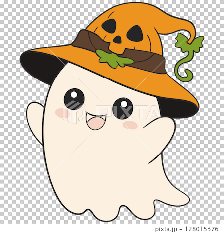 halloween ghost cartoon with a smiling pumpkin hat in flat color, fun and spooky for children seasonal art halloween ghost cartoon with a smiling pumpkin hat in flat color, fun and spooky for children seasonal art 128015376