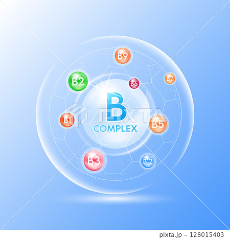 Vitamin B complex minerals. Multivitamins capsules isolated on blue background vector. Dietary supplement for pharmacy advertisement, vitamins package design. Science medic concept. 128015403