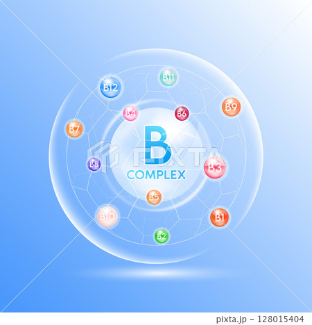 Vitamin B complex minerals. Multivitamins capsules isolated on blue background vector. Dietary supplement for pharmacy advertisement, vitamins package design. Science medic concept. 128015404