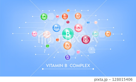 Vitamin B complex minerals. Multivitamins capsules isolated on blue background vector. Dietary supplement for pharmacy advertisement, vitamins package design. Science medic concept. 128015406