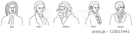 有名作曲家5人の線画セット（バッハ・ショパン・ベートーベン・モーツァルト・シューベルト） 128015441