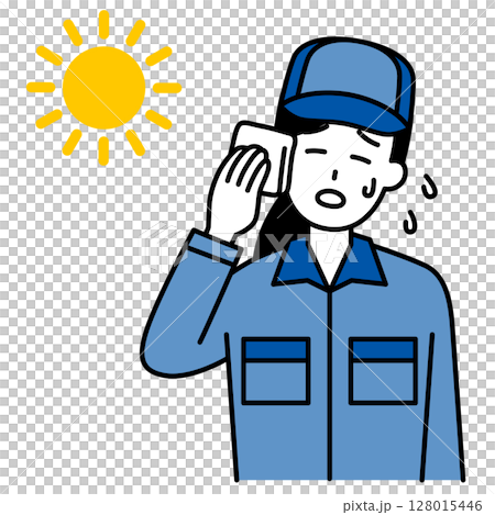 熱中症になるつなぎ作業服の女性 128015446