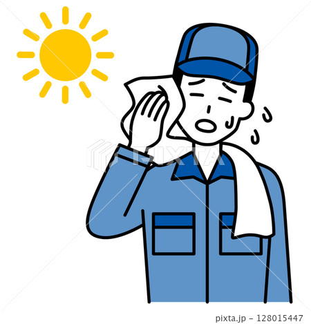 熱中症になるつなぎ作業服の男性 熱中症になるつなぎ作業服の男性 128015447