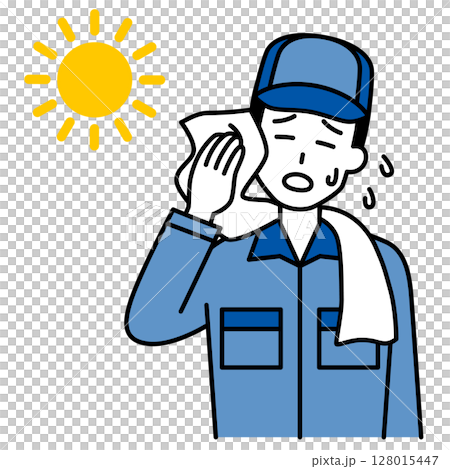 熱中症になるつなぎ作業服の男性 熱中症になるつなぎ作業服の男性 128015447