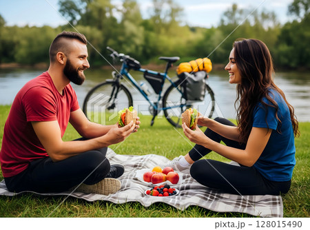 Couple enjoys picnic during bike tour 128015490