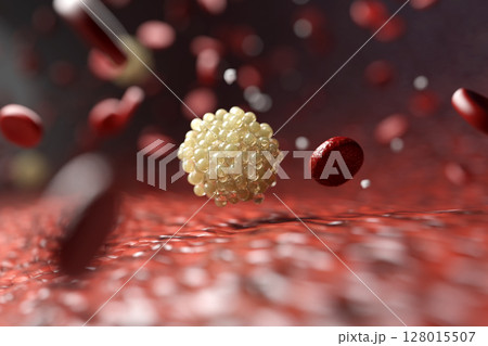 健康な血流 血管を流れるエクソソームや栄養素のイメージCG 128015507
