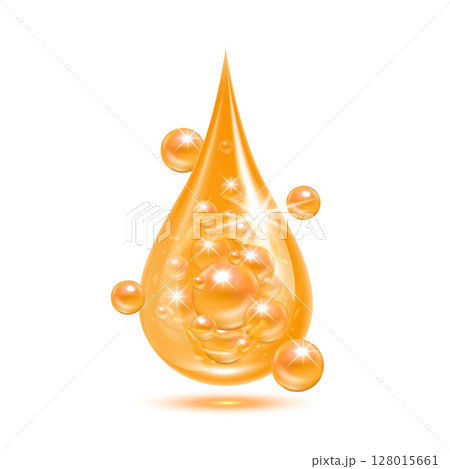 Vitamin collagen serum or essence drop isolated on white background. Solution complex orange shining with bubbles. Beauty treatment nutrition skin care design. Medical scientific concepts. 3D vector. 128015661