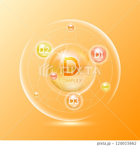 Vitamin D complex minerals. Multivitamins capsules isolated on orange background vector. Dietary supplement for pharmacy advertisement, vitamins package design. Science medic concept. 128015662
