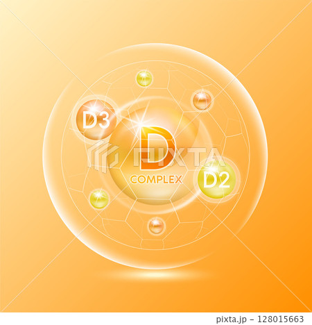 Vitamin D complex minerals. Multivitamins capsules isolated on orange background vector. Dietary supplement for pharmacy advertisement, vitamins package design. Science medic concept. 128015663