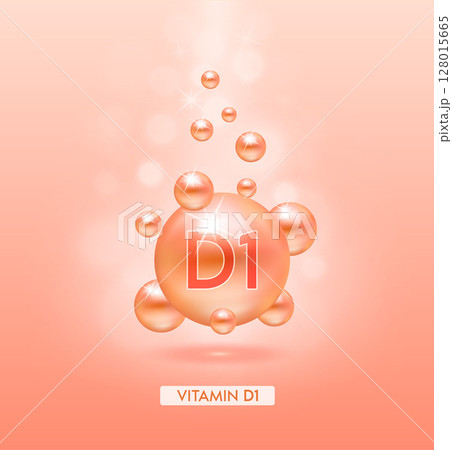 Vitamin D1 orange ball fall to ground. Serum vitamins complex with chemical formula. Beauty treatment nutrition skin care design. Medical and scientific concepts. 3D Realistic Vector EPS10. 128015665