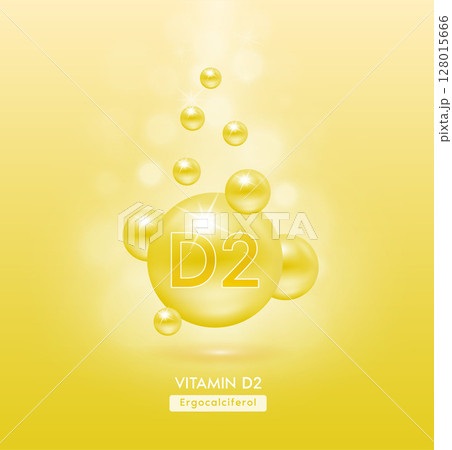 VitaminD2 yellow ball fall to ground. Serum vitamins complex with chemical formula. Beauty treatment nutrition skin care design. Medical and scientific concepts. 3D Realistic Vector EPS10. 128015666