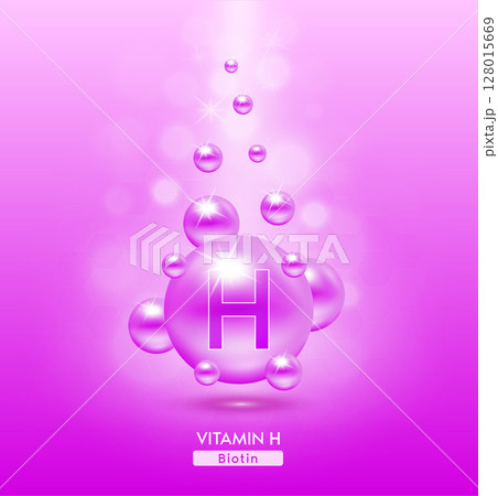 Vitamin H purple ball fall to ground. Serum vitamins complex with chemical formula. Beauty treatment nutrition skin care design. Medical and scientific concepts. 3D Realistic Vector EPS10. 128015669