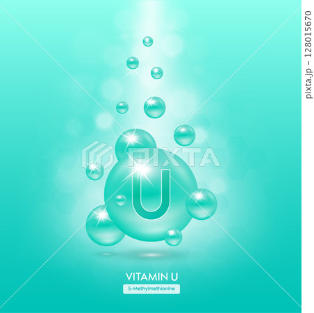 Vitamin U blue ball fall to ground. Serum vitamins complex with chemical formula. Beauty treatment nutrition skin care design. Medical and scientific concepts. 3D Realistic Vector EPS10. 128015670