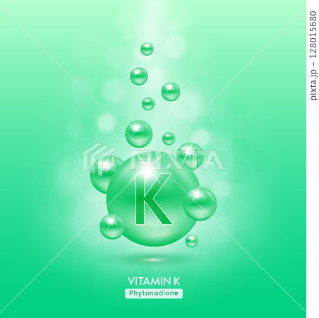 Vitamin K green ball fall to ground. Serum vitamins complex with chemical formula. Beauty treatment nutrition skin care design. Medical and scientific concepts. 3D Realistic Vector EPS10. 128015680