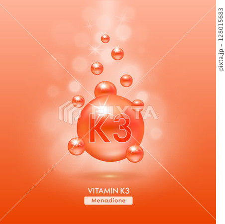 Vitamin K3 orange ball fall to ground. Serum vitamins complex with chemical formula. Beauty treatment nutrition skin care design. Medical and scientific concepts. 3D Realistic Vector EPS10. 128015683