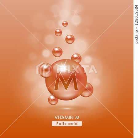 Vitamin M ball fall to ground. Serum vitamins complex with chemical formula. Beauty treatment nutrition skin care design. Medical and scientific concepts. 3D Realistic Vector EPS10. 128015684
