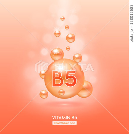Vitamin B5 orange ball fall to ground. Serum vitamins complex with chemical formula. Beauty treatment nutrition skin care design. Medical and scientific concepts. 3D Realistic Vector EPS10. 128015685