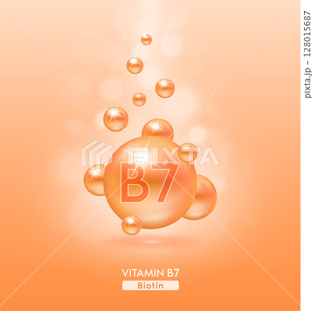 Vitamin B7 orange ball fall to ground. Serum vitamins complex with chemical formula. Beauty treatment nutrition skin care design. Medical and scientific concepts. 3D Realistic Vector EPS10. 128015687