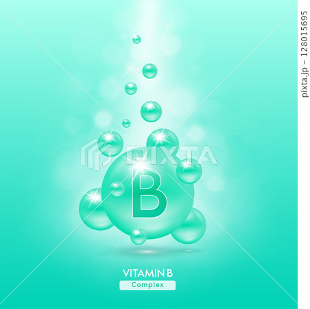 Vitamin B green ball fall to ground. Serum vitamins complex with chemical formula. Beauty treatment nutrition skin care design. Medical and scientific concepts. 3D Realistic Vector EPS10. 128015695