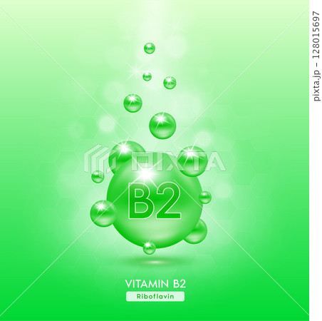 Vitamin B2 green ball fall to ground. Serum vitamins complex with chemical formula. Beauty treatment nutrition skin care design. Medical and scientific concepts. 3D Realistic Vector EPS10. 128015697