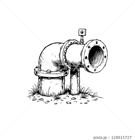 Intricate monochrome line art illustration of an industrial pipeline structure Intricate monochrome line art illustration of an industrial pipeline structure 128015727