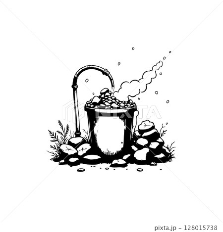 Steam rises from a stone-filled bucket, surrounded by rocks and vegetation sketch Steam rises from a stone-filled bucket, surrounded by rocks and vegetation sketch 128015738