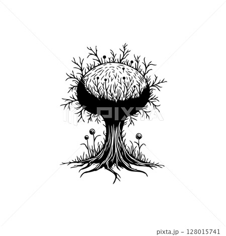 Abstract black and white tree illustration with moon elements and branches design 128015741