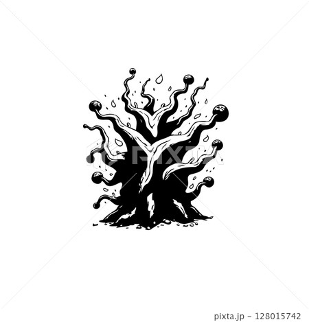Creepy stylized tree illustration in black and white for spooky designs 128015742