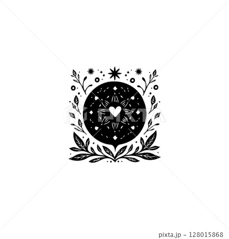 Mystical Heart: A Black and White Enchanting Illustration of Love and Nature 128015868