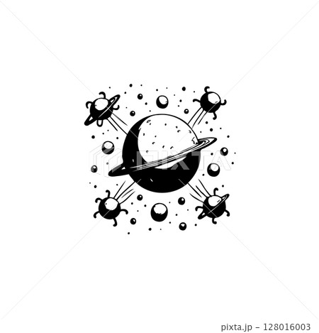 Monochrome cosmic scene: stylized planet with orbiting objects in a minimalist space 128016003
