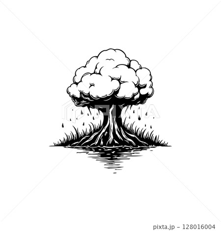 Monochrome illustration of a stylized tree with water reflections on the ground 128016004
