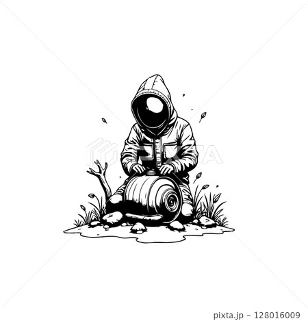 Monochrome portrayal of a hooded figure in a desolate landscape with surreal elements 128016009
