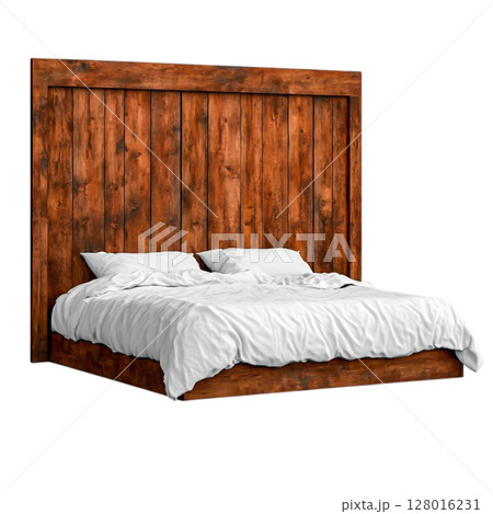 Rustic Wooden Bed with Soft White Bedding in a Minimalist Style Bedroom Setting 128016231