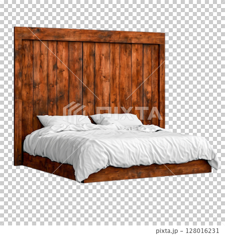 Rustic Wooden Bed with Soft White Bedding in a Minimalist Style Bedroom Setting Rustic Wooden Bed with Soft White Bedding in a Minimalist Style Bedroom Setting 128016231