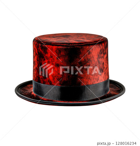 Red Velvet Top Hat with Black Band Isolated on White Background for Costume and Fashion 128016234