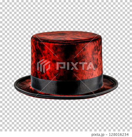 Red Velvet Top Hat with Black Band Isolated on White Background for Costume and Fashion 128016234