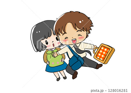 笑顔で荷物を持つ男性と女の子 128016281