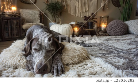 German Shorthaired Pointer Resting on Cozy Rug in Bohemian Decor Room 128016292