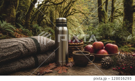 Autumn Picnic in a Forest: Thermos, Apples and Blanket 128016293