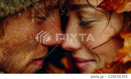 Close Up of a Couple's Faces Surrounded by Autumn Leaves 128016305