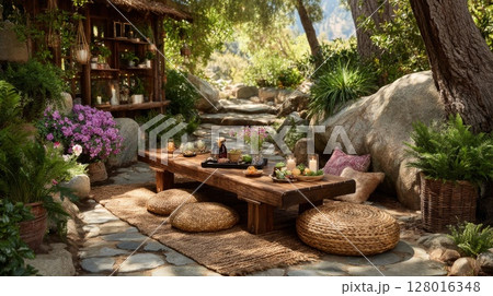 Serene Garden Setting with Wooden Table and Cushions 128016348
