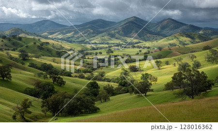 Rolling Green Hills Landscape Under a Cloudy Sky 128016362