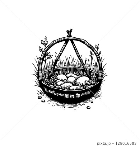 Artistic depiction of a hand-drawn hanging basket filled with stones and grass Artistic depiction of a hand-drawn hanging basket filled with stones and grass 128016385