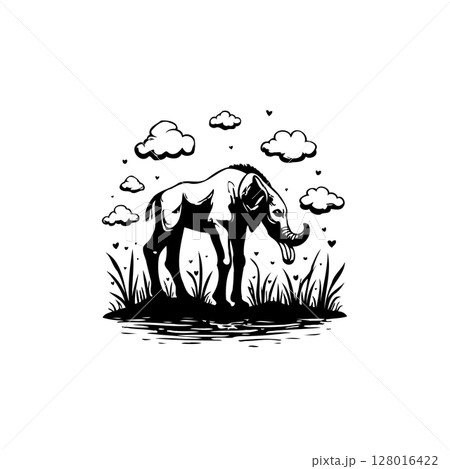 Elegant Elephant Silhouette Amidst Clouds and Grass: A Captivating Animal Illustration Elegant Elephant Silhouette Amidst Clouds and Grass: A Captivating Animal Illustration 128016422
